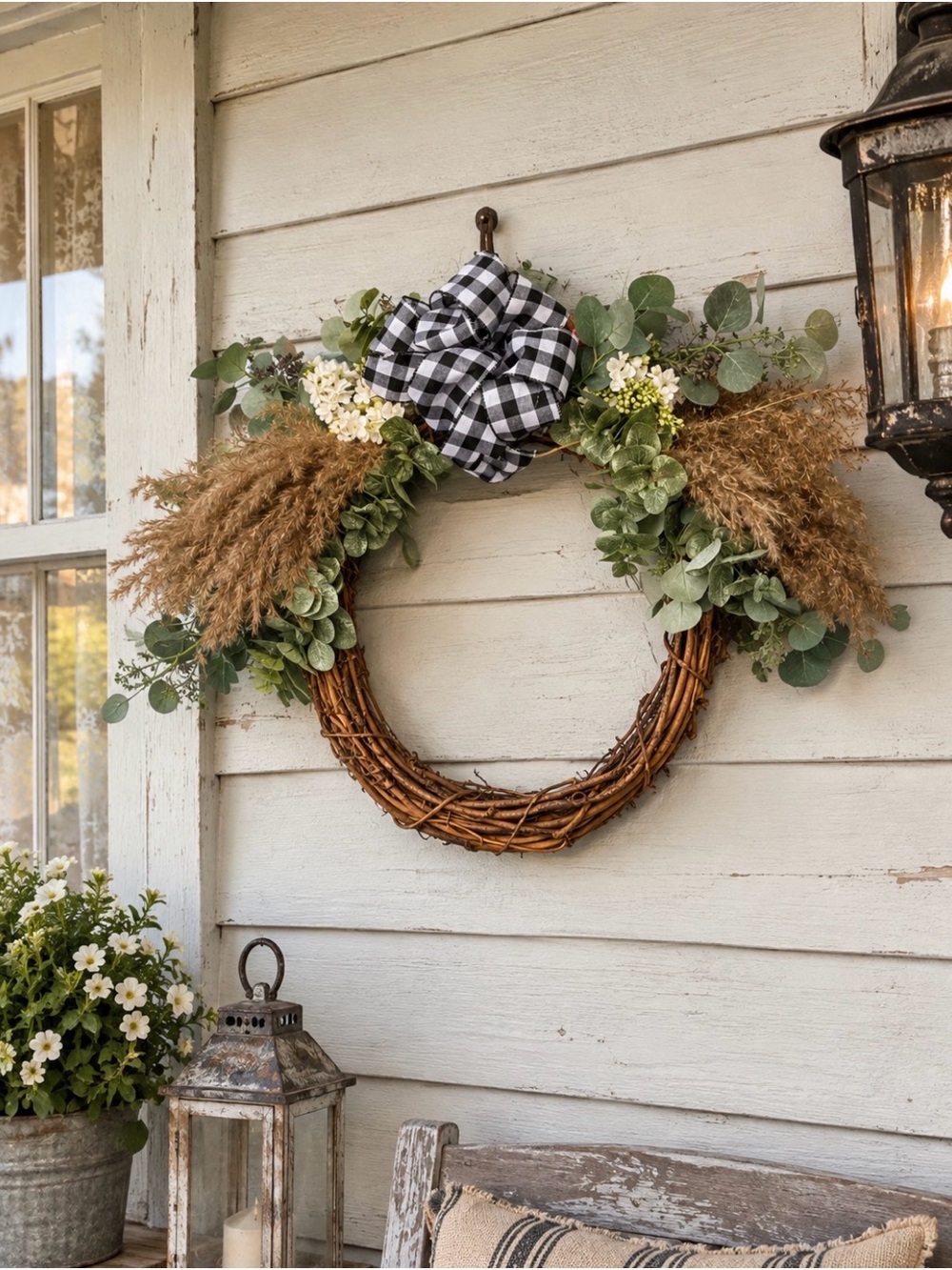 Buffalo Check Bow Grapevine Wreath with Greenery - Black & White